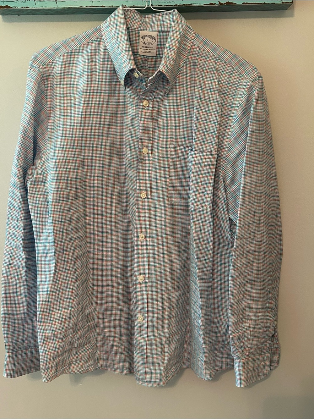 Brooks Brothers Regent Fit Linen Light Blue & Rose Plaid Button-Down Shirt, L